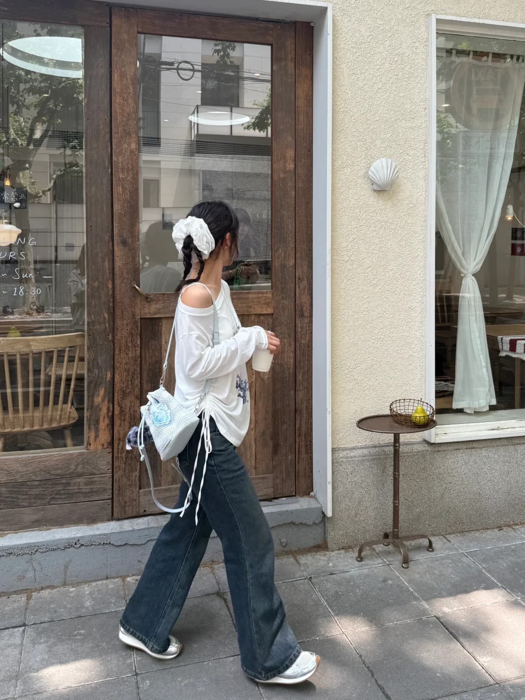 경관 그림 원본 것 디자인 센스 프린트 긴팔 자외선 차단 블라우스 소나무 비스듬한 어깨 의류 상세 이미지 15