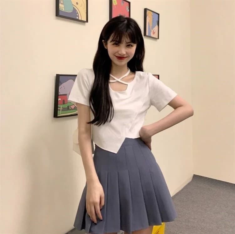 정가 경관 그림 원본 품질 불규칙 티셔츠 디자인 센스 달콤한 핫걸 쇼트 스타일 인사이드 잡아라. 의류 상세 이미지 7