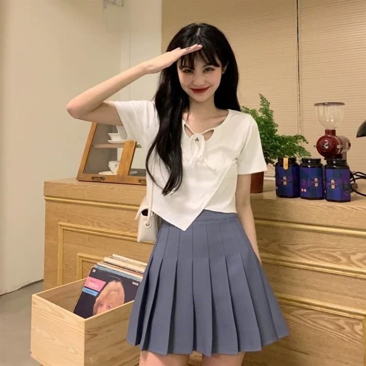 정가 경관 그림 원본 품질 불규칙 티셔츠 디자인 센스 달콤한 핫걸 쇼트 스타일 인사이드 잡아라. 의류 상세 이미지 11
