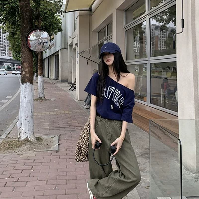 정가 경관 그림 원본 품질 비스듬한 칼라 오프숄더 반팔 티셔츠 여성 여름 얇은 디자인 센스 맨위 상세 이미지 8