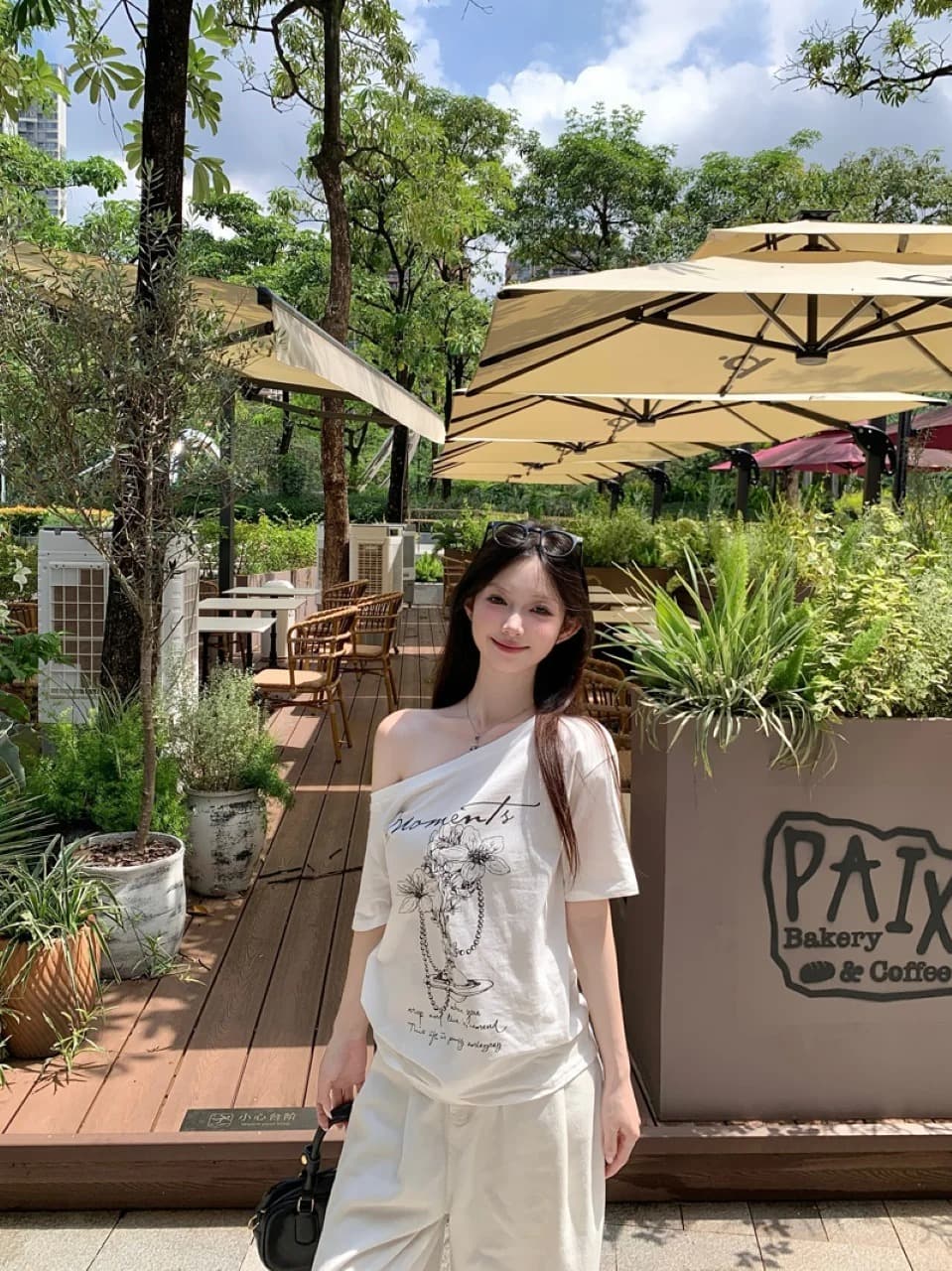 정가 경관 그림 원본 품질 느긋한 다용도 프린트 비스듬한 어깨 반팔 루즈핏 디자인 센스 티셔츠 상세 이미지 4