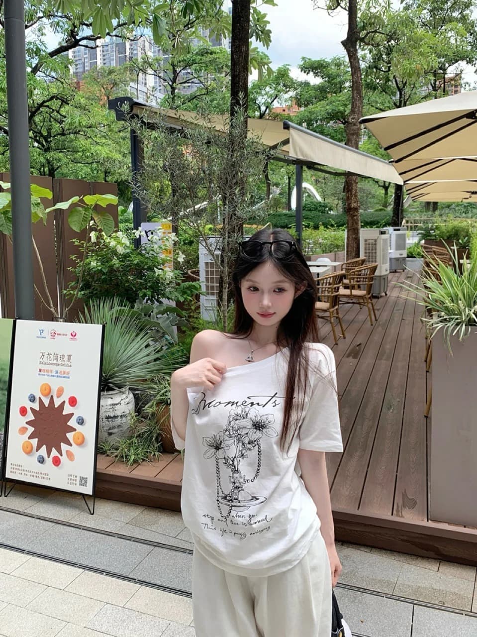 정가 경관 그림 원본 품질 느긋한 다용도 프린트 비스듬한 어깨 반팔 루즈핏 디자인 센스 티셔츠 상세 이미지 7
