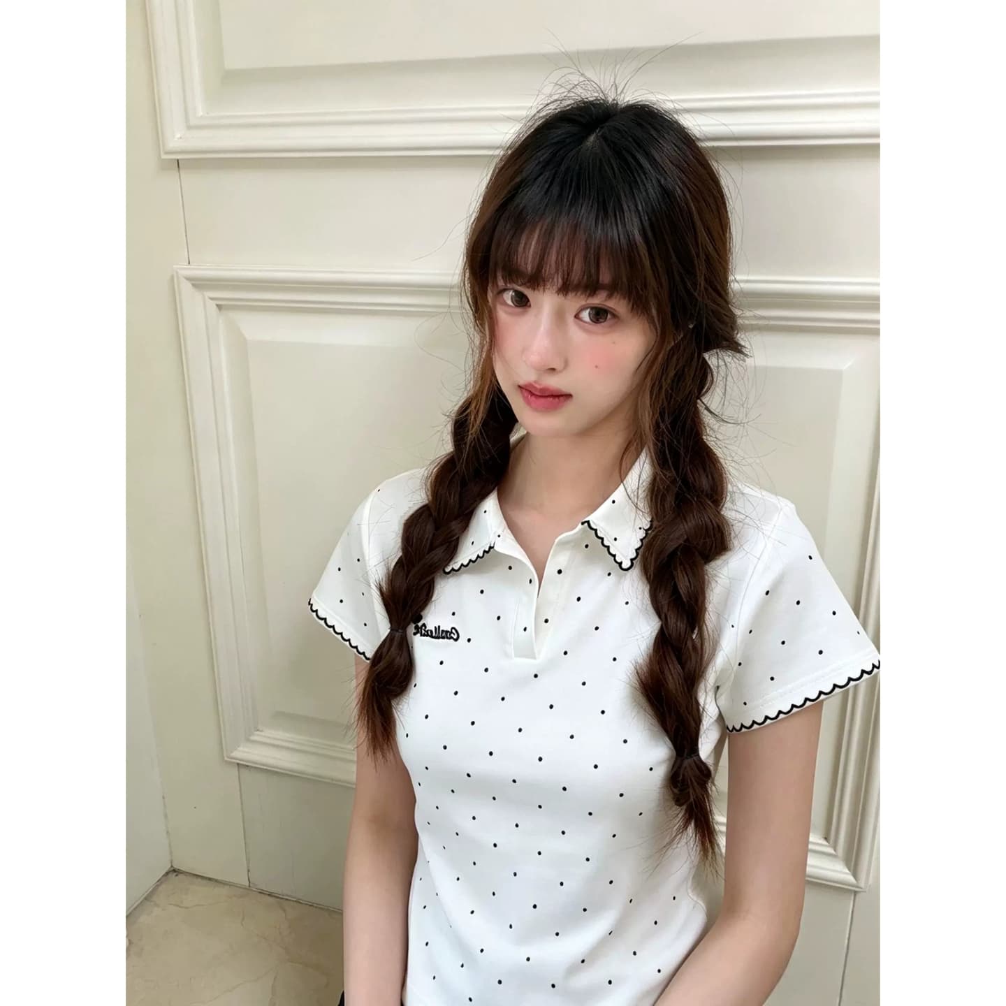 정가 경관 그림 원본 품질 POLO 칼라 긍정적 인 어깨 반팔 티셔츠 여성 달콤함 Chic 짧은 맨위 이미지 5