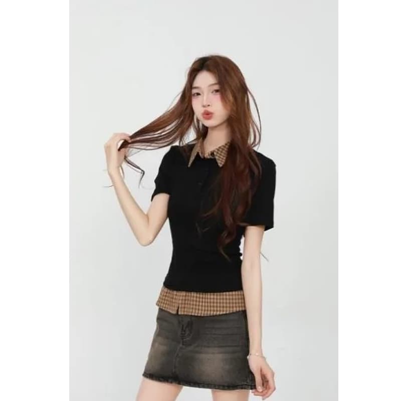 원본 품질 POLO 칼라 체크무늬 패치워크 반팔 티셔츠 여성 페이크 레이어드 맨위 이미지 4