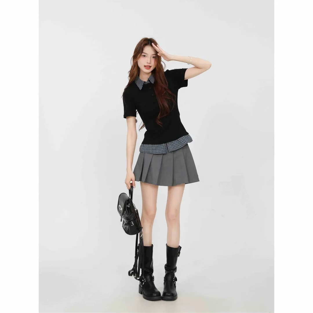 원본 품질 POLO 칼라 체크무늬 패치워크 반팔 티셔츠 여성 페이크 레이어드 맨위 이미지 3