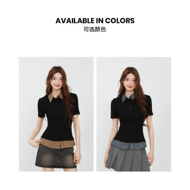 원본 품질 POLO 칼라 체크무늬 패치워크 반팔 티셔츠 여성 페이크 레이어드 맨위 상세 이미지 8
