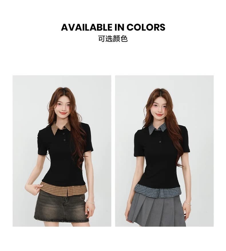 원본 품질 POLO 칼라 체크무늬 패치워크 반팔 티셔츠 여성 페이크 레이어드 맨위 상세 이미지 10