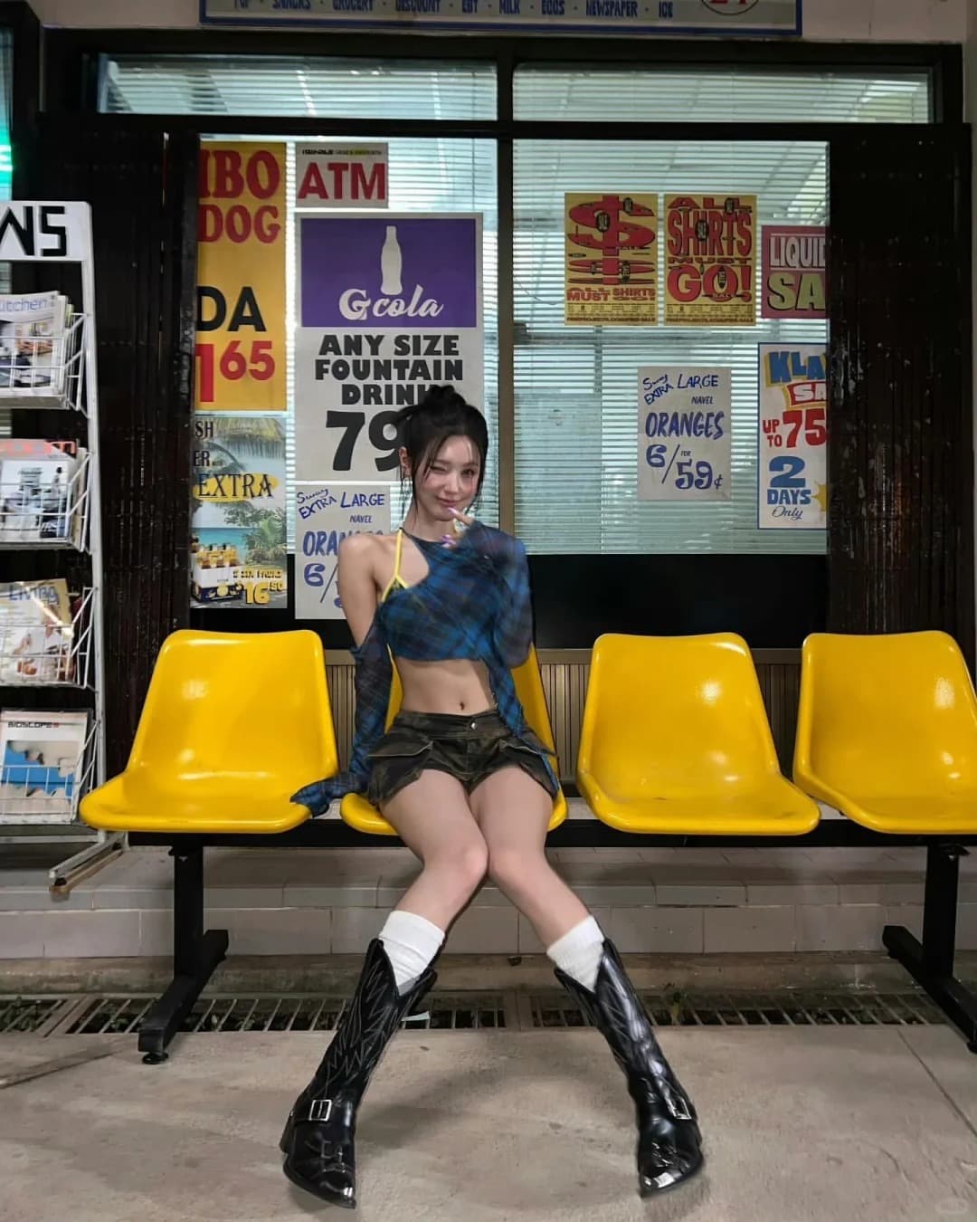 정가 경관 그림 원본 품질 체크무늬 불규칙 오프숄더 티셔츠 여성 몸매 가꾸기 긴팔 맨위 상세 이미지 9