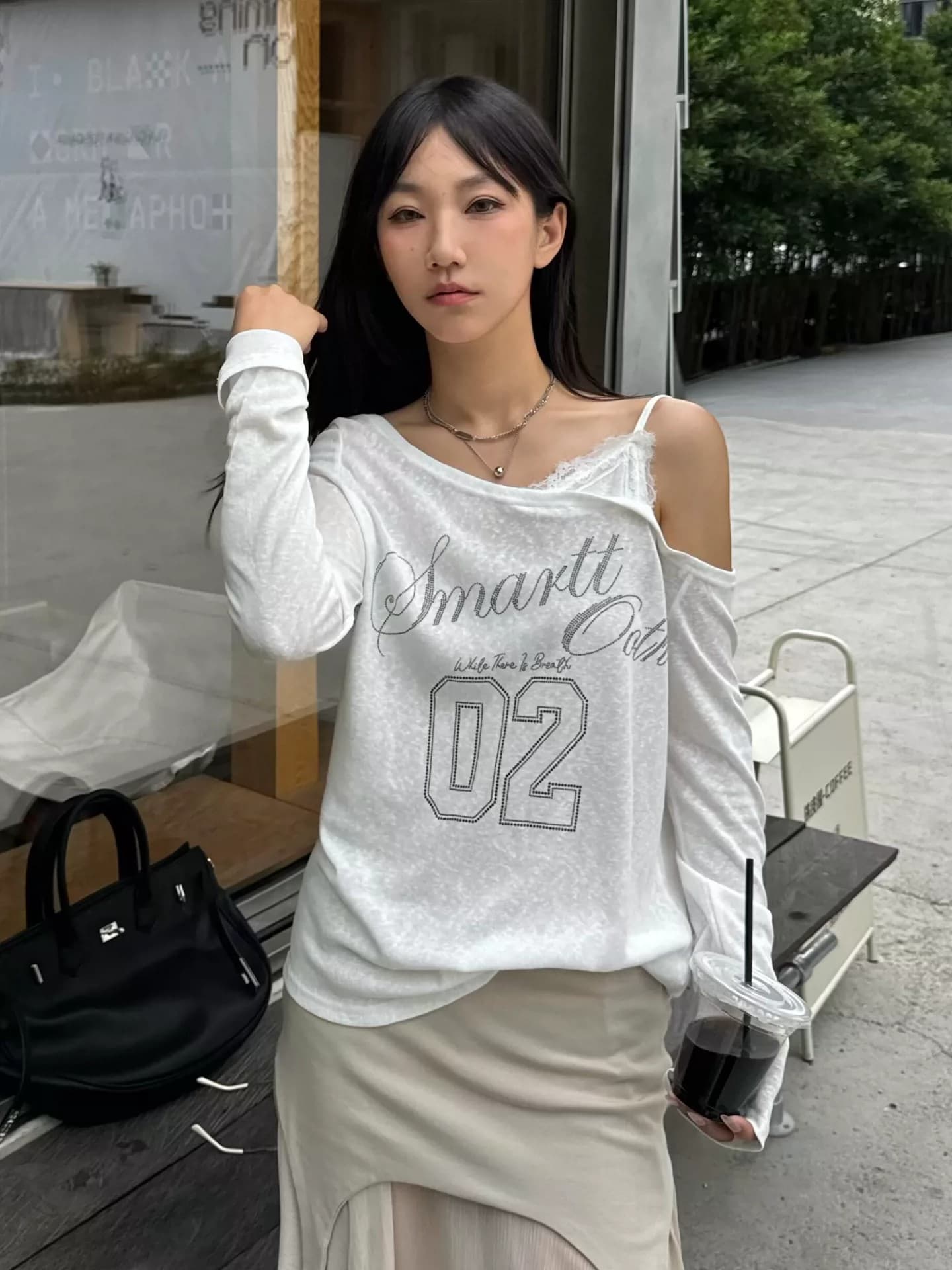 정가 경관 그림 원본 품질 레이스 조각 페이크 레이어드 비스듬한 어깨 긴팔 자외선 차단 블라우스 맨위 상세 이미지 7