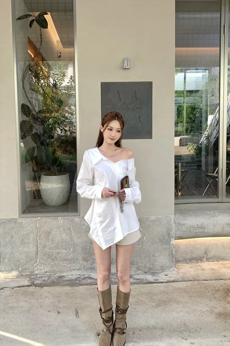 한국 스타일 화이트 여성 셔츠 디자인 센스 긴팔 2026 년 가을 오프숄더 품격 출퇴근 맨위 상세 이미지 5