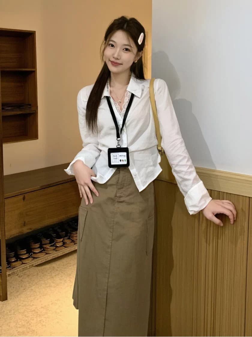 정가 경관 그림 원본 품질 레이스 조각 페이크 레이어드 긴팔 셔츠 캐주얼 다용도 맨위 상세 이미지 4