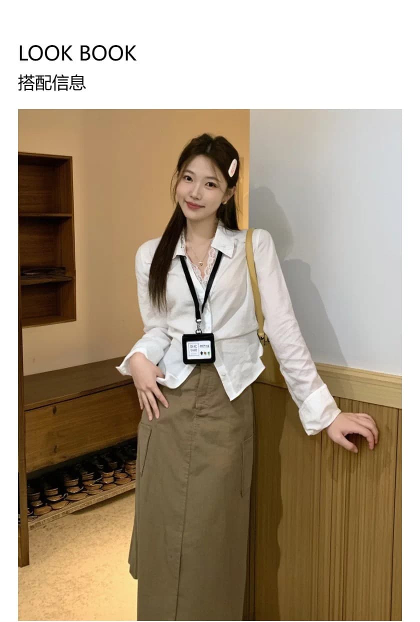 정가 경관 그림 원본 품질 레이스 조각 페이크 레이어드 긴팔 셔츠 캐주얼 다용도 맨위 상세 이미지 5