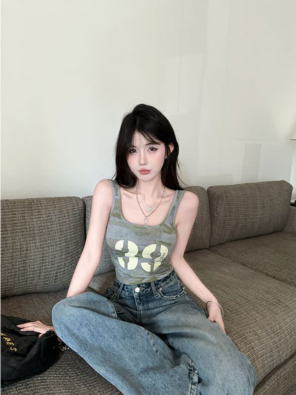 실사 정가 핫걸 레트로 카모플라주 프린트 민소매 다용도 슬림해 보이는 조끼 티셔츠 상세 이미지 11