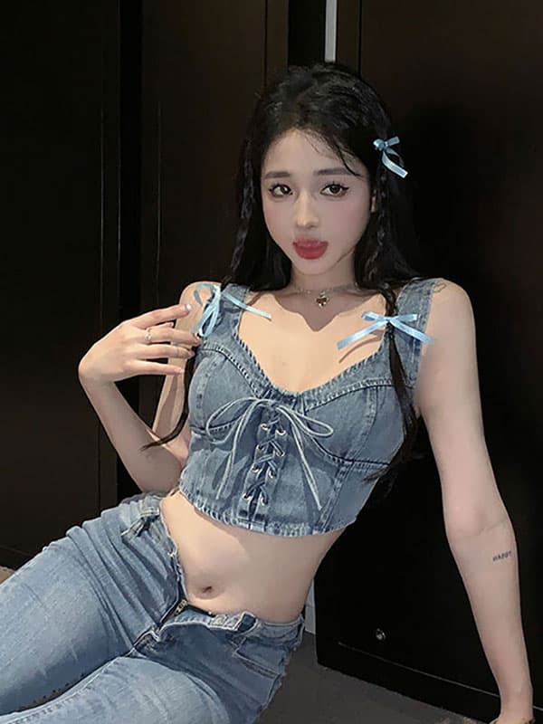 실사 정가 섹시함 핫걸 스트랩 패션 데님 조끼 이미지 3