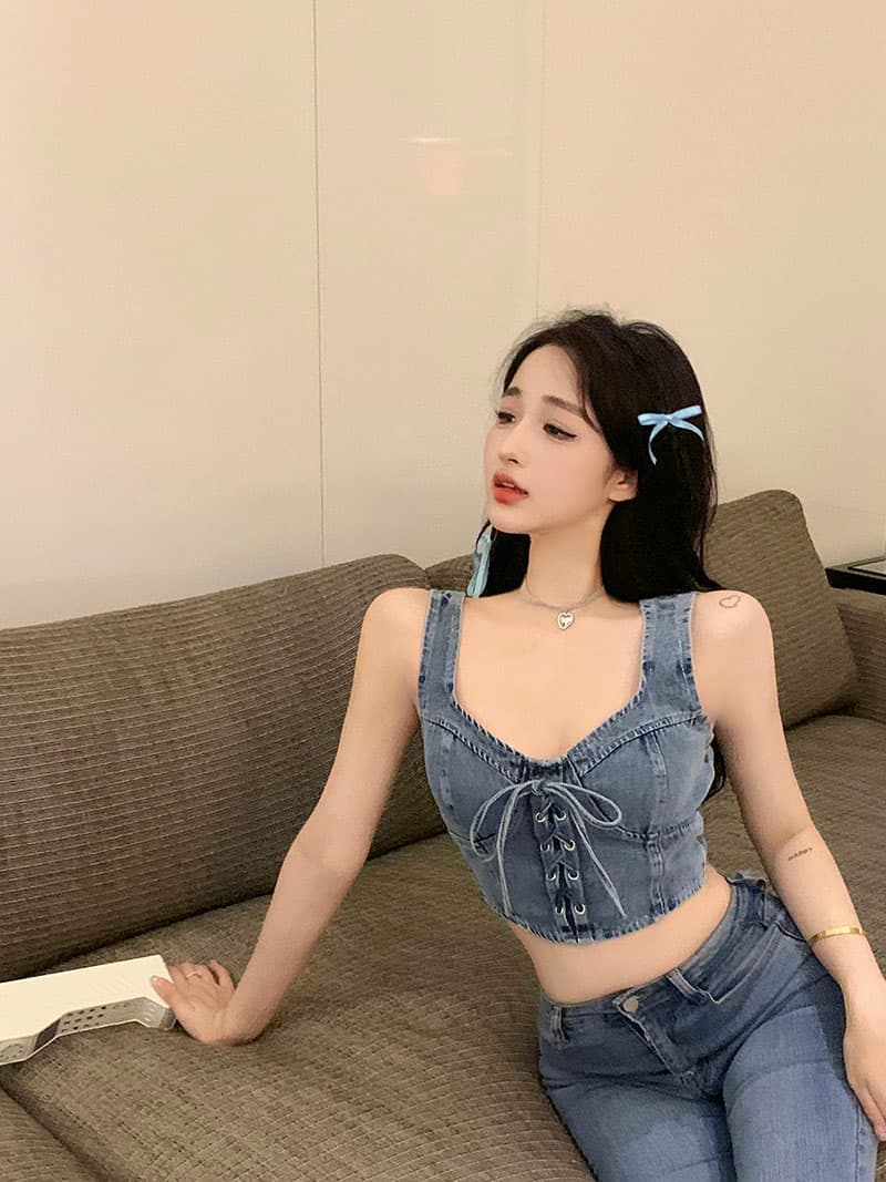 실사 정가 섹시함 핫걸 스트랩 패션 데님 조끼 상세 이미지 6
