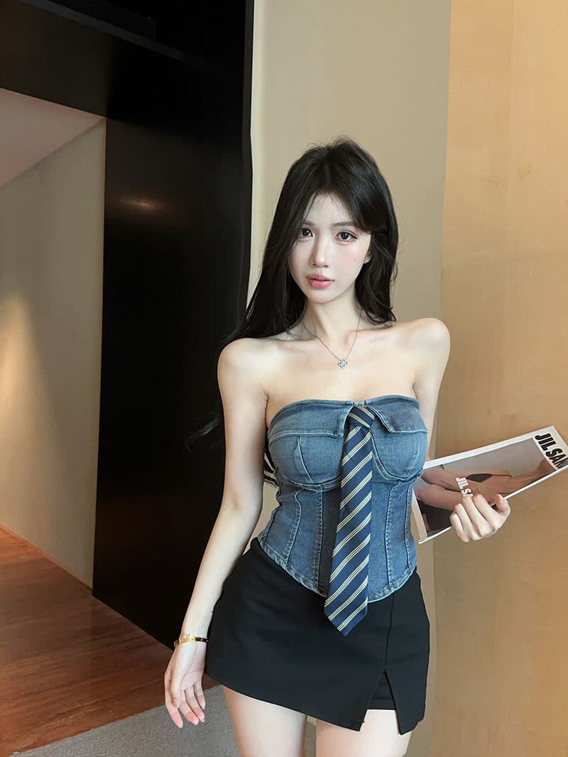 실사 정가 핫걸 폴로 칼라 스트라이프 넥타이 데님 튜브탑 여성 몸매 가꾸기 슬림해 보이는 맨위 상세 이미지 5