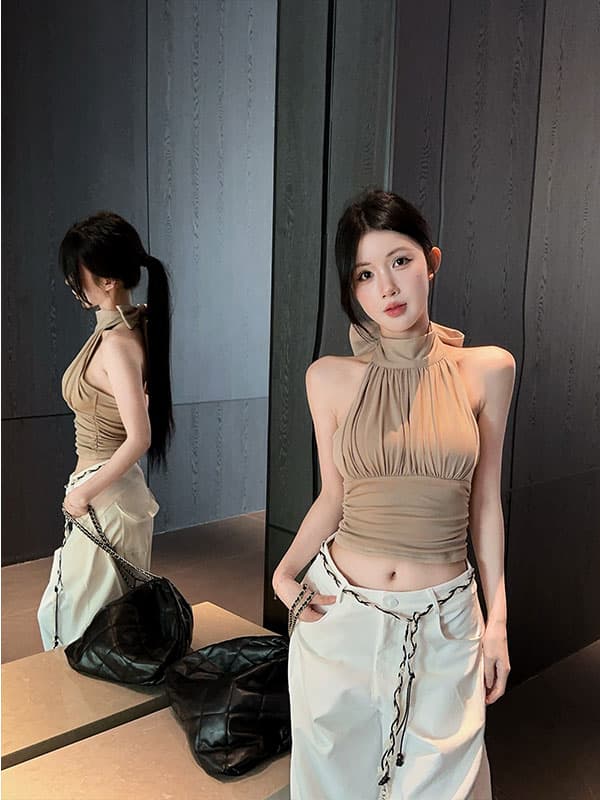 실사 정가 행침 목 리본 모달 벨트 가슴 패드 캐미솔 허리 수축 민소매 오프숄더 맨위 상세 이미지 10