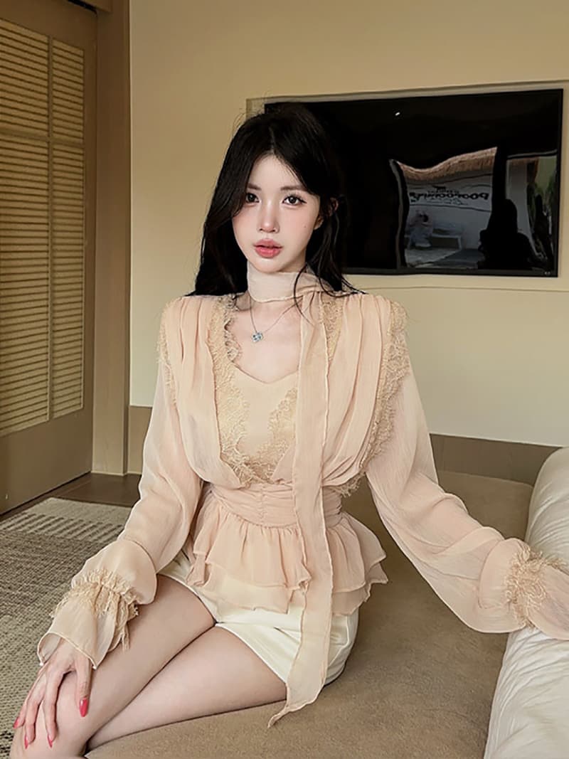 정가 정가 분위기 센스 리본 V넥 레이스 연꽃 잎 밑단 쉬폰 여성 셔츠 나팔 소매 허리 수축 맨위 이미지 2