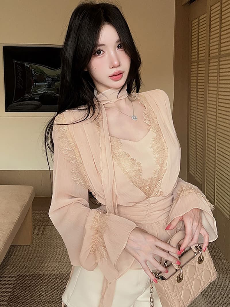 정가 정가 분위기 센스 리본 V넥 레이스 연꽃 잎 밑단 쉬폰 여성 셔츠 나팔 소매 허리 수축 맨위 이미지 3