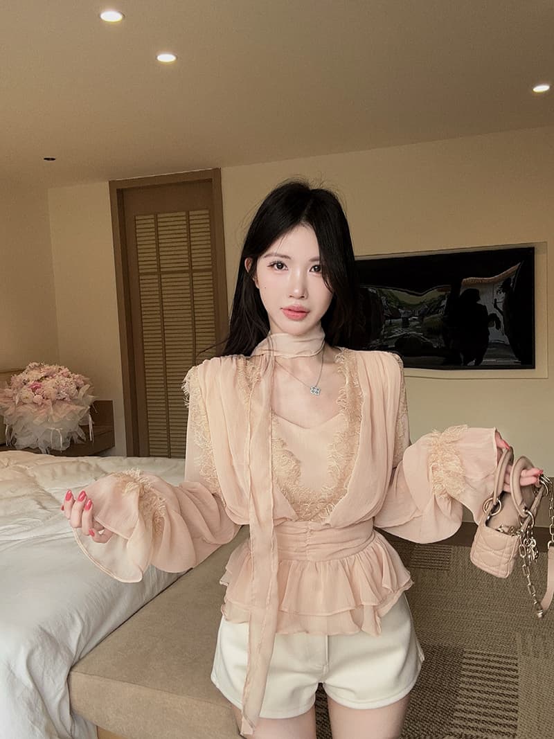 정가 정가 분위기 센스 리본 V넥 레이스 연꽃 잎 밑단 쉬폰 여성 셔츠 나팔 소매 허리 수축 맨위 상세 이미지 6