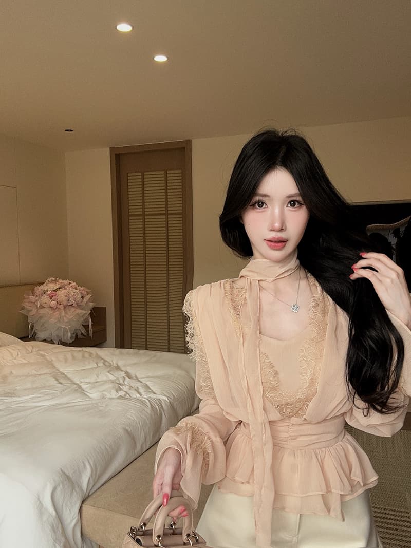 정가 정가 분위기 센스 리본 V넥 레이스 연꽃 잎 밑단 쉬폰 여성 셔츠 나팔 소매 허리 수축 맨위 상세 이미지 7