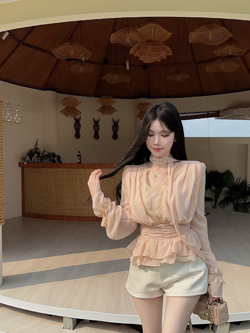 정가 정가 분위기 센스 리본 V넥 레이스 연꽃 잎 밑단 쉬폰 여성 셔츠 나팔 소매 허리 수축 맨위 상세 이미지 12