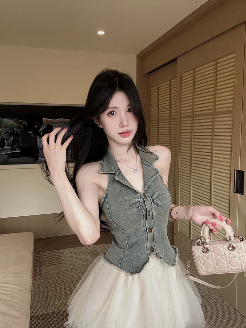 실사 정가 품격 패션 데님 행침 목 맨위 망사 반신 스커트 투피스 세트 상세 이미지 2