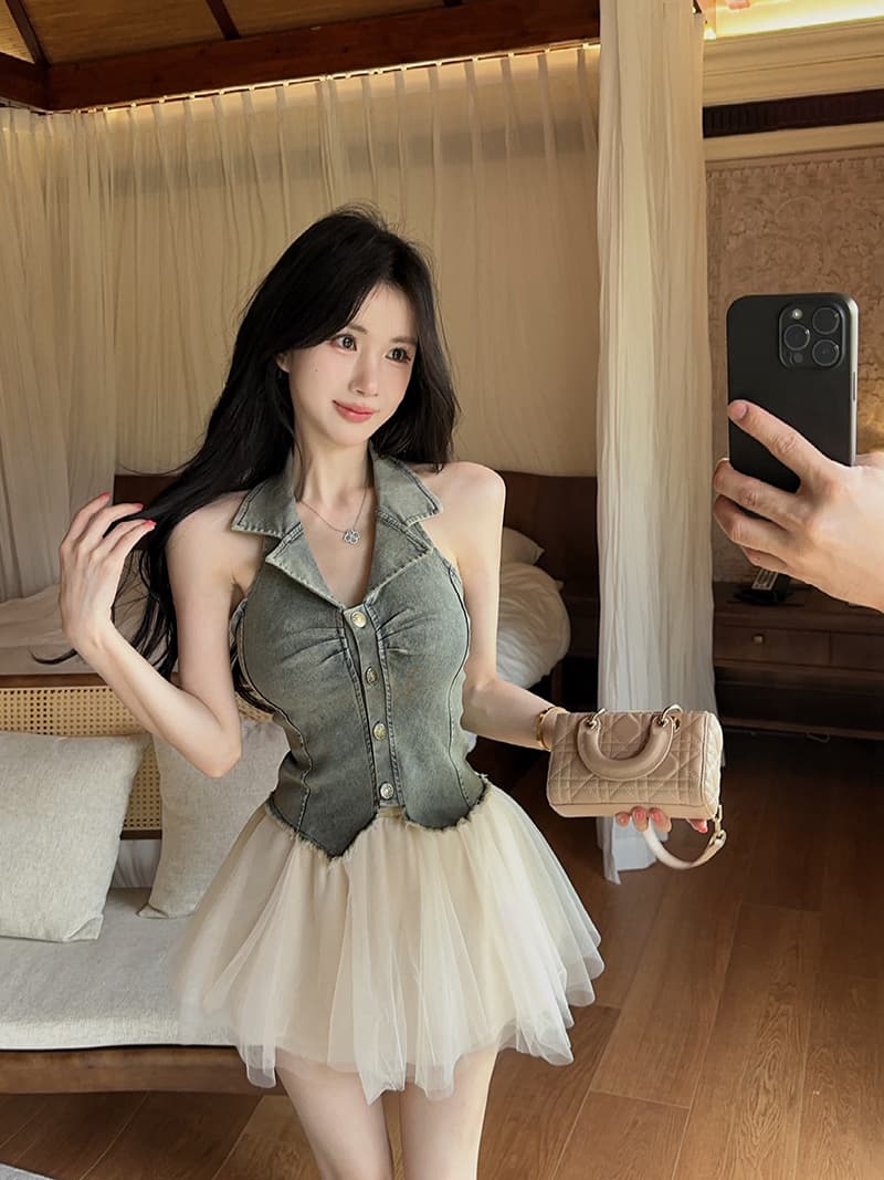 실사 정가 품격 패션 데님 행침 목 맨위 망사 반신 스커트 투피스 세트 상세 이미지 10