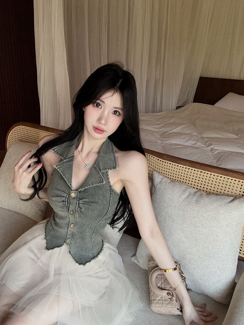 실사 정가 품격 패션 데님 행침 목 맨위 망사 반신 스커트 투피스 세트 상세 이미지 11