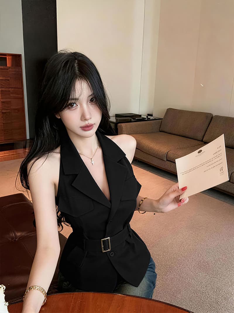 실사 정가 무거운 작업 디자인 센스 더블 주머니 표지 장식 poio 칼라 슬림해 보이는 조끼 셔츠 벨트 이미지 4