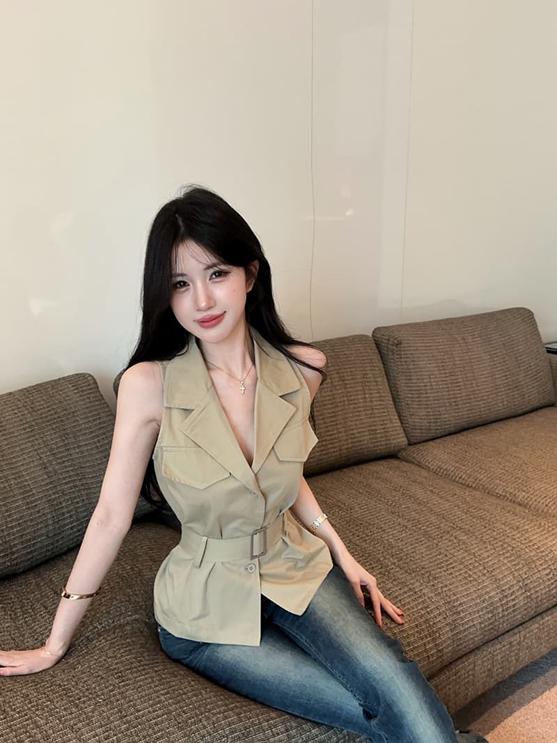 실사 정가 무거운 작업 디자인 센스 더블 주머니 표지 장식 poio 칼라 슬림해 보이는 조끼 셔츠 벨트 상세 이미지 1