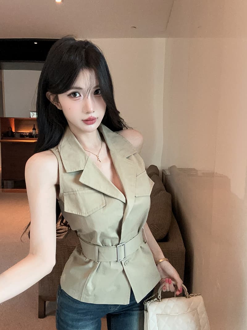실사 정가 무거운 작업 디자인 센스 더블 주머니 표지 장식 poio 칼라 슬림해 보이는 조끼 셔츠 벨트 상세 이미지 6