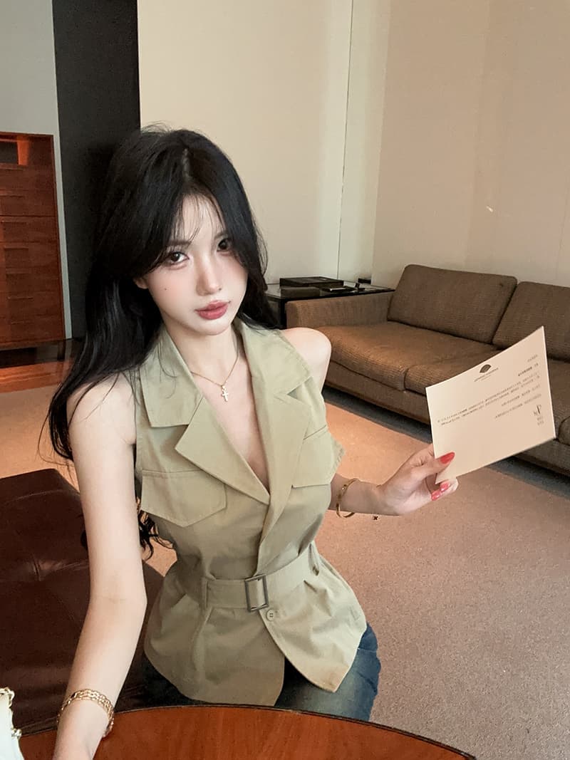실사 정가 무거운 작업 디자인 센스 더블 주머니 표지 장식 poio 칼라 슬림해 보이는 조끼 셔츠 벨트 상세 이미지 12