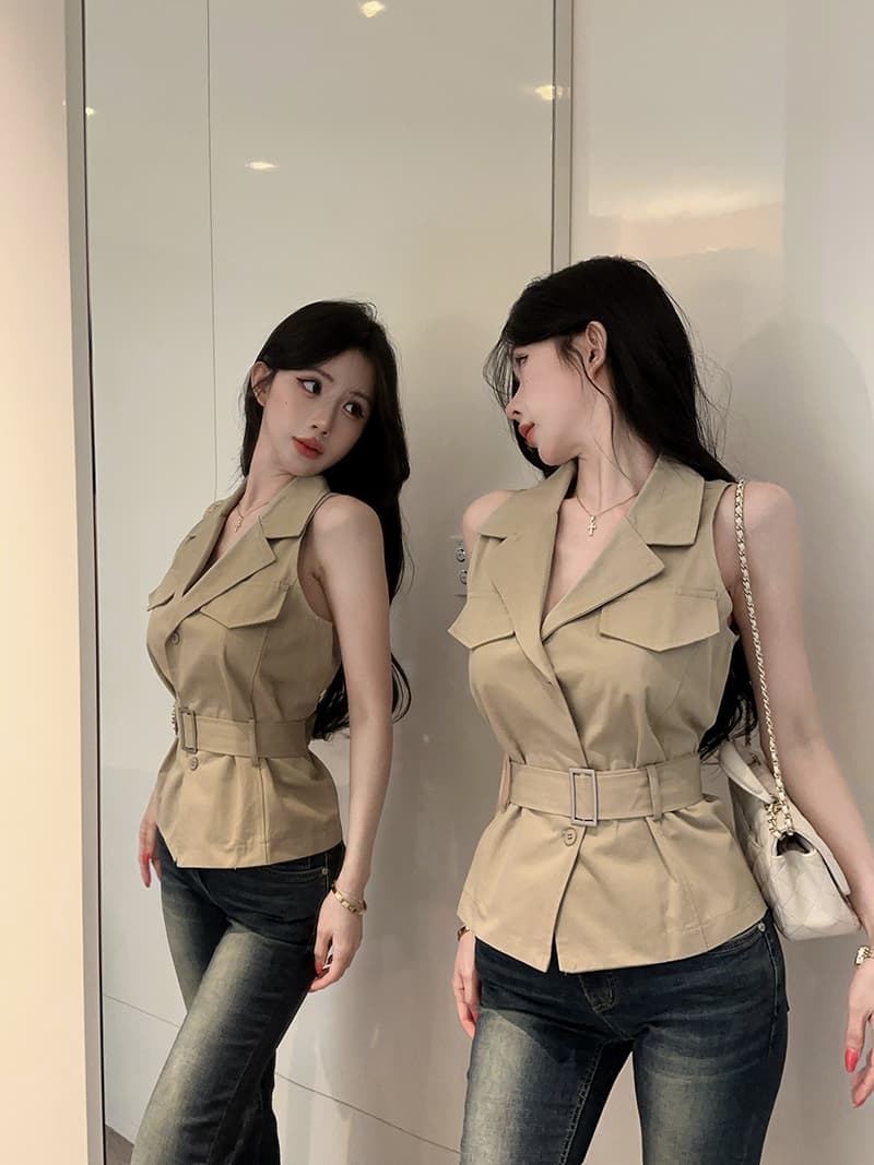 실사 정가 무거운 작업 디자인 센스 더블 주머니 표지 장식 poio 칼라 슬림해 보이는 조끼 셔츠 벨트 상세 이미지 13