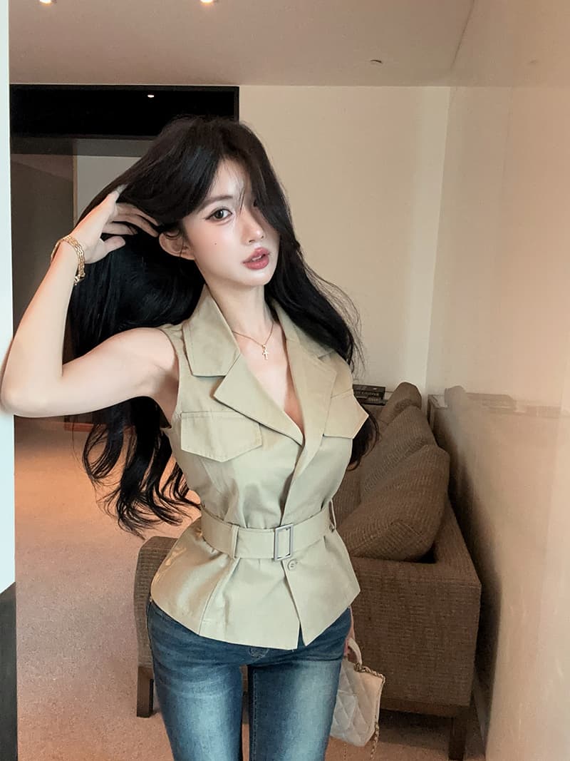 실사 정가 무거운 작업 디자인 센스 더블 주머니 표지 장식 poio 칼라 슬림해 보이는 조끼 셔츠 벨트 상세 이미지 14