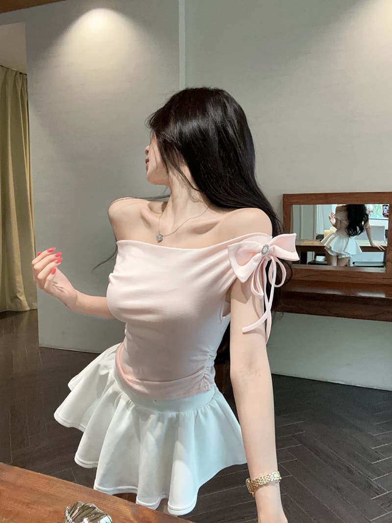 실사 한국 스타일 장난기 넘치는 나비 매듭 오프숄더 다용도 Feifei 소매 쇼트 스타일 티셔츠 상세 이미지 2