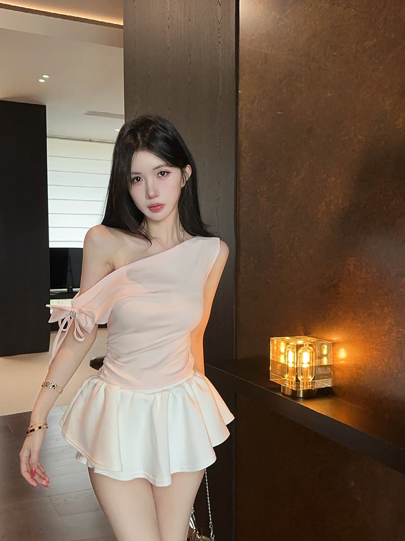 실사 한국 스타일 장난기 넘치는 나비 매듭 오프숄더 다용도 Feifei 소매 쇼트 스타일 티셔츠 상세 이미지 3