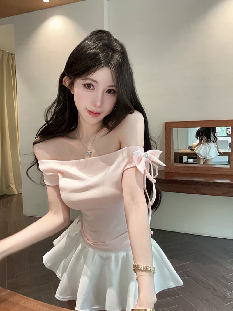 실사 한국 스타일 장난기 넘치는 나비 매듭 오프숄더 다용도 Feifei 소매 쇼트 스타일 티셔츠 상세 이미지 11