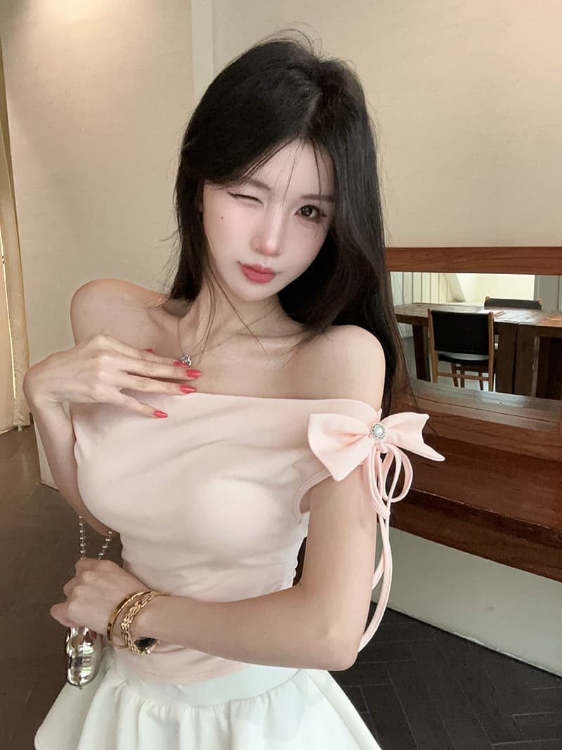실사 한국 스타일 장난기 넘치는 나비 매듭 오프숄더 다용도 Feifei 소매 쇼트 스타일 티셔츠 상세 이미지 12