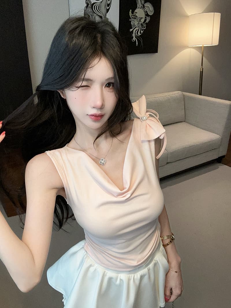 실사 한국 스타일 장난기 넘치는 나비 매듭 오프숄더 다용도 Feifei 소매 쇼트 스타일 티셔츠 상세 이미지 15