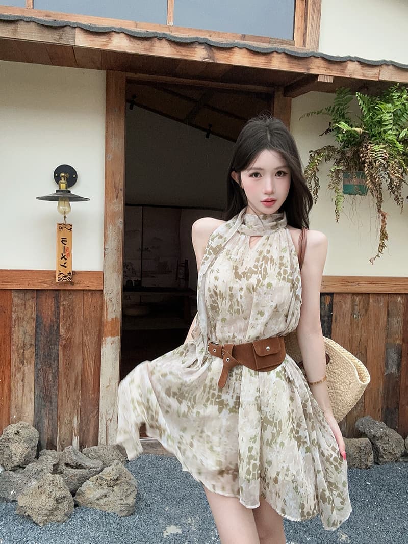 실사 정가 품격 행침 목 리본 꽃무늬 쉬폰 점프 슈트 치마 벨트 상세 이미지 2