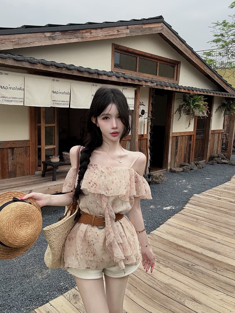 실사 정가 섹시함 슬립 맞춤 특별 질감 센스 프린트 프릴 민소매 맨위 경기 벨트 상세 이미지 5