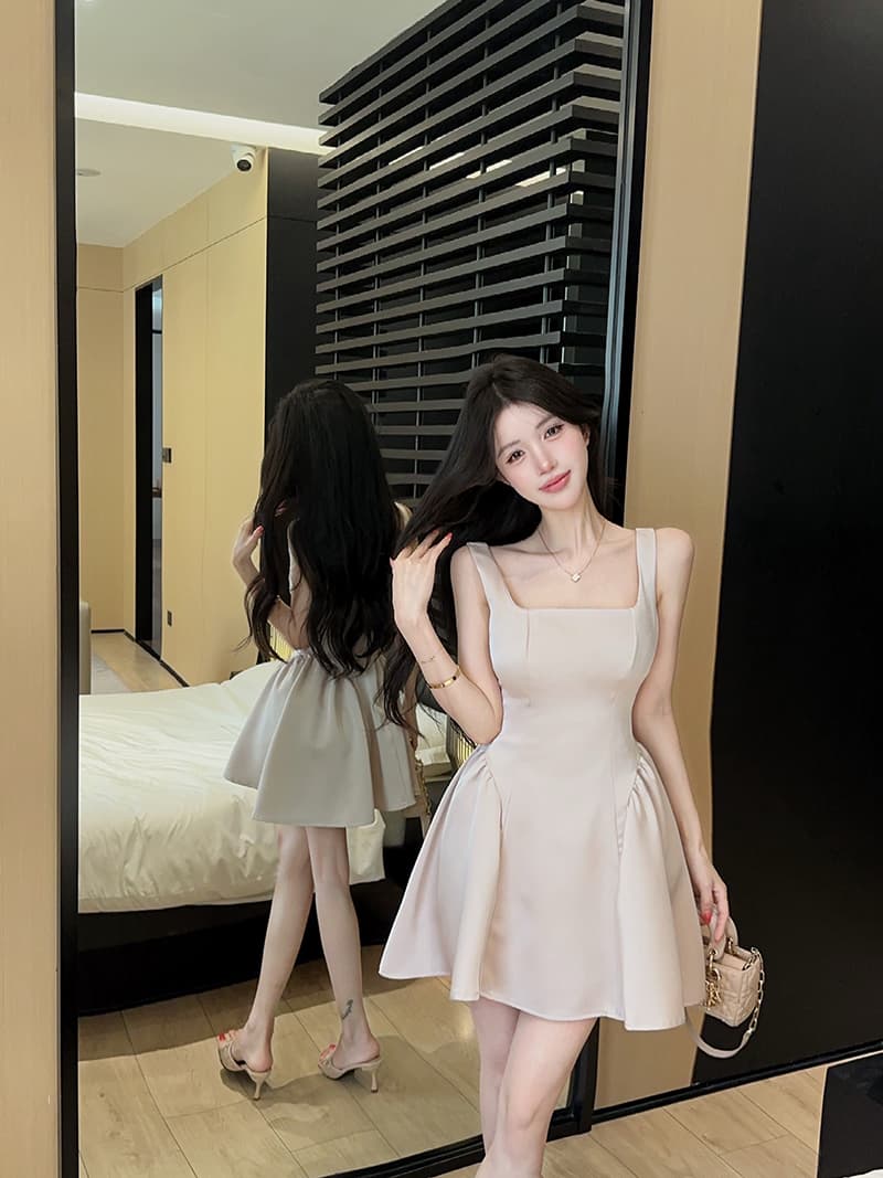 실사 정가 광장 칼라 슬립 새틴 여성 드레스 디자인 센스 허리 수축 슬림해 보이는 한 마디 미니 스커트 상세 이미지 2