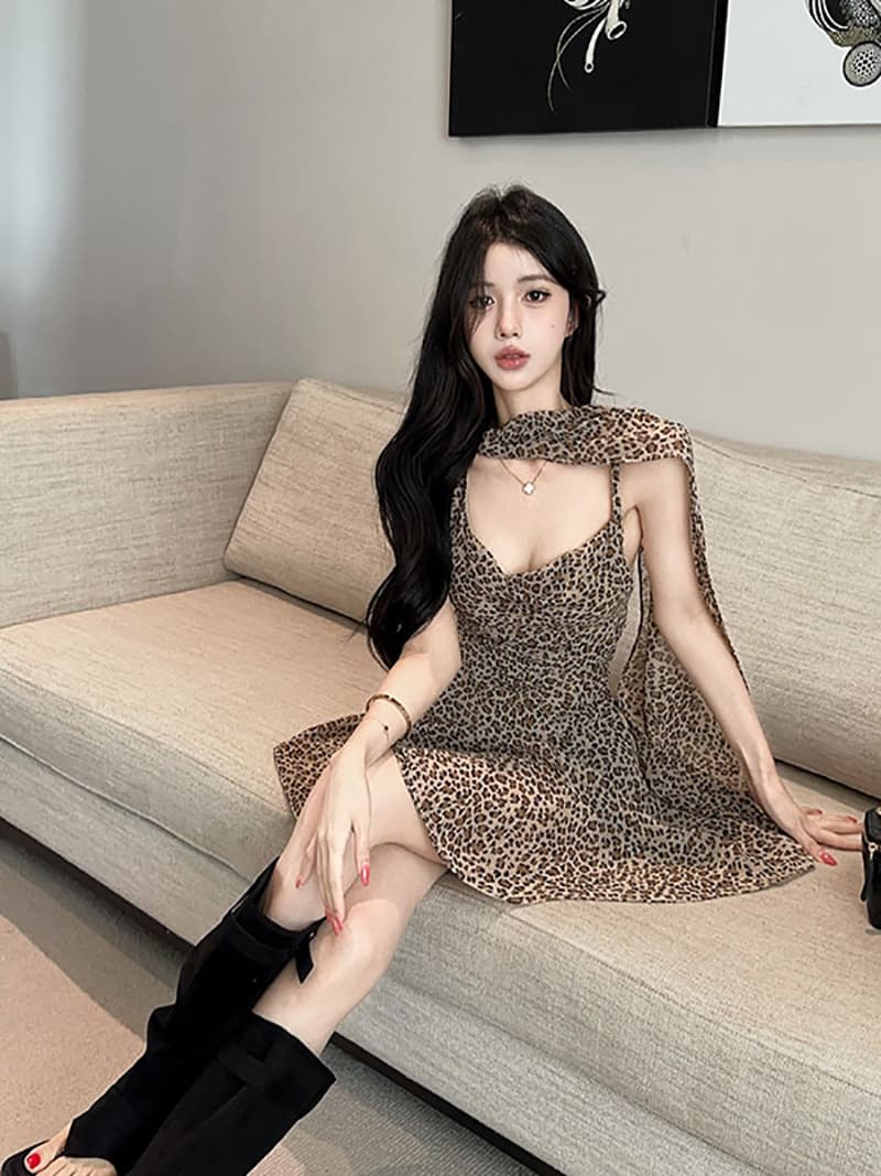 실사 정가 가스 질감 레오파드 무늬 리본 드레스 이미지 2