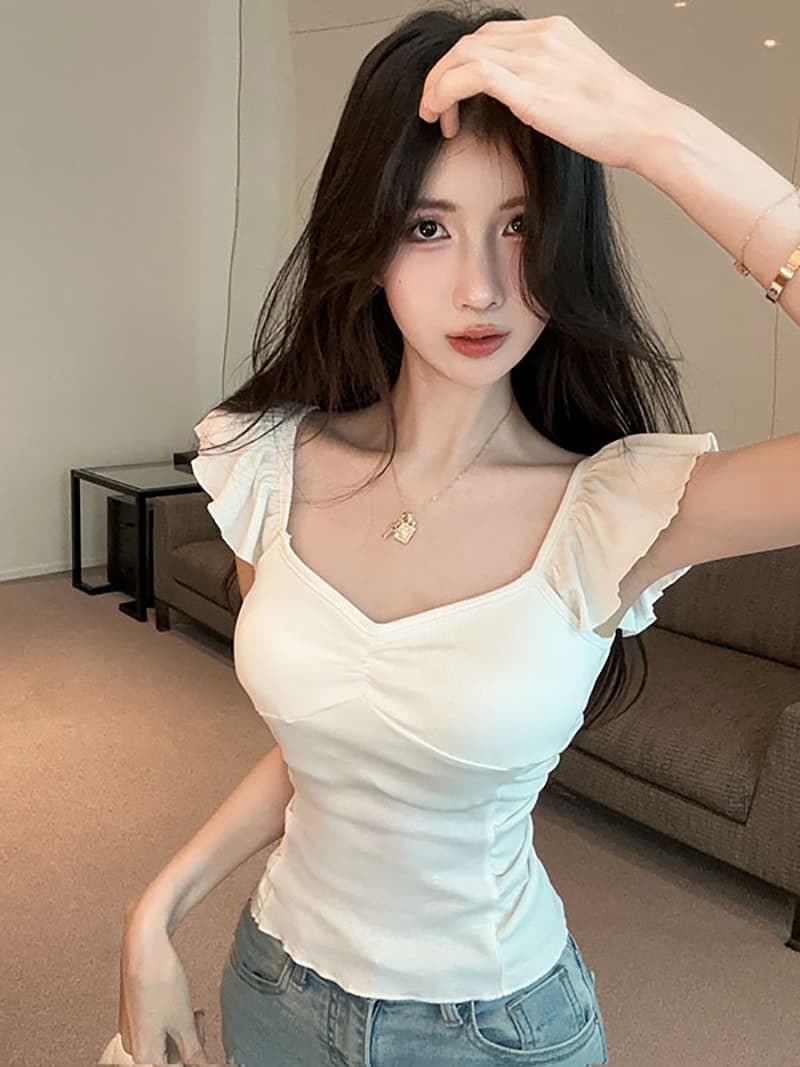 실사 정가 핫걸 디자인 센스 V넥 패치워크 주름 Feifei 소매 몸매 가꾸기 쇼트 스타일 티셔츠 여성 이미지 2