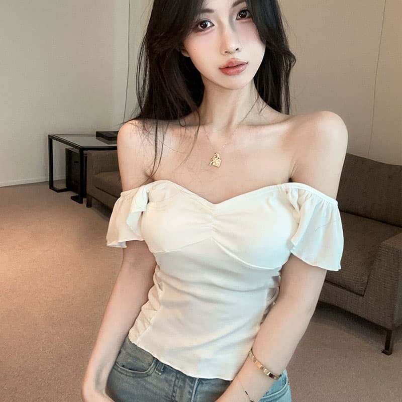 실사 정가 핫걸 디자인 센스 V넥 패치워크 주름 Feifei 소매 몸매 가꾸기 쇼트 스타일 티셔츠 여성 이미지 5