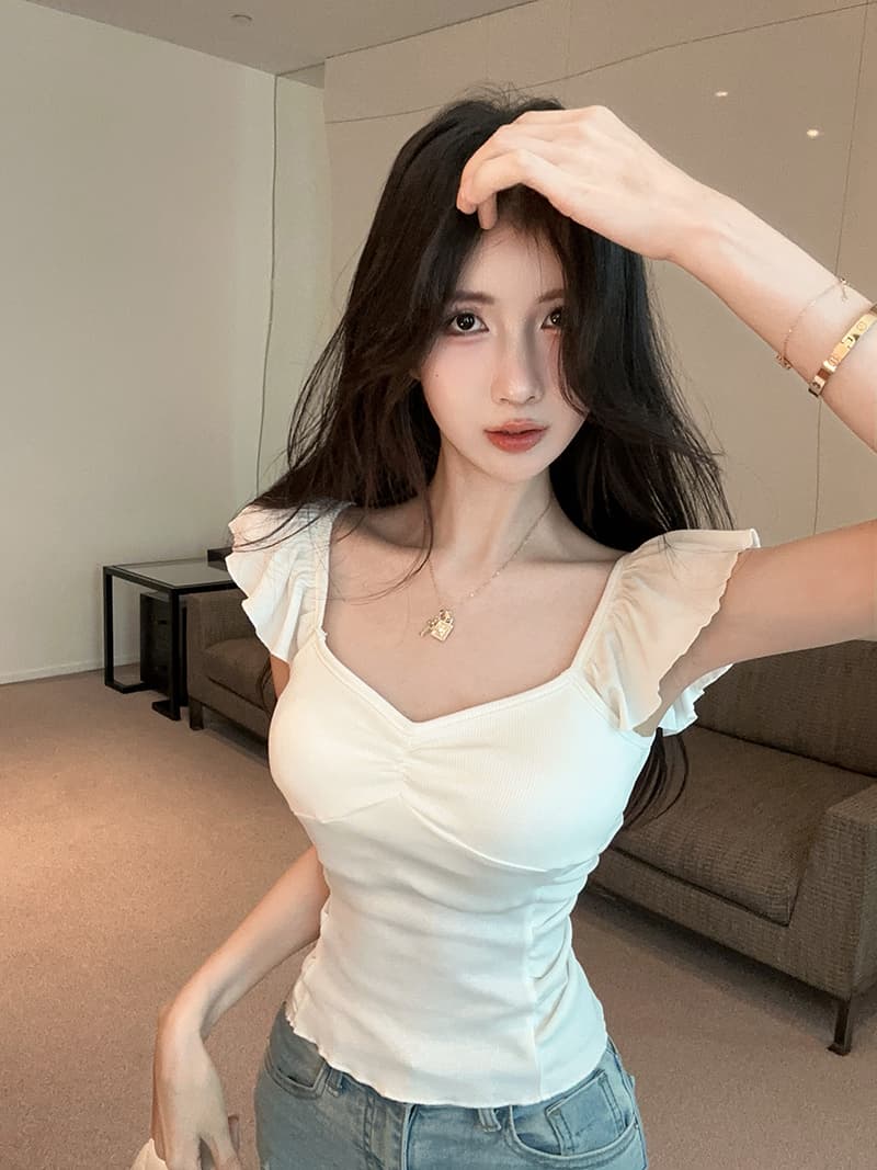 실사 정가 핫걸 디자인 센스 V넥 패치워크 주름 Feifei 소매 몸매 가꾸기 쇼트 스타일 티셔츠 여성 상세 이미지 1