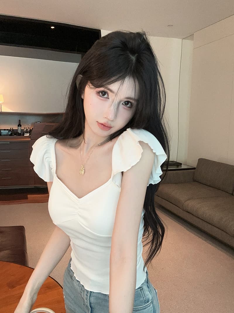 실사 정가 핫걸 디자인 센스 V넥 패치워크 주름 Feifei 소매 몸매 가꾸기 쇼트 스타일 티셔츠 여성 상세 이미지 5