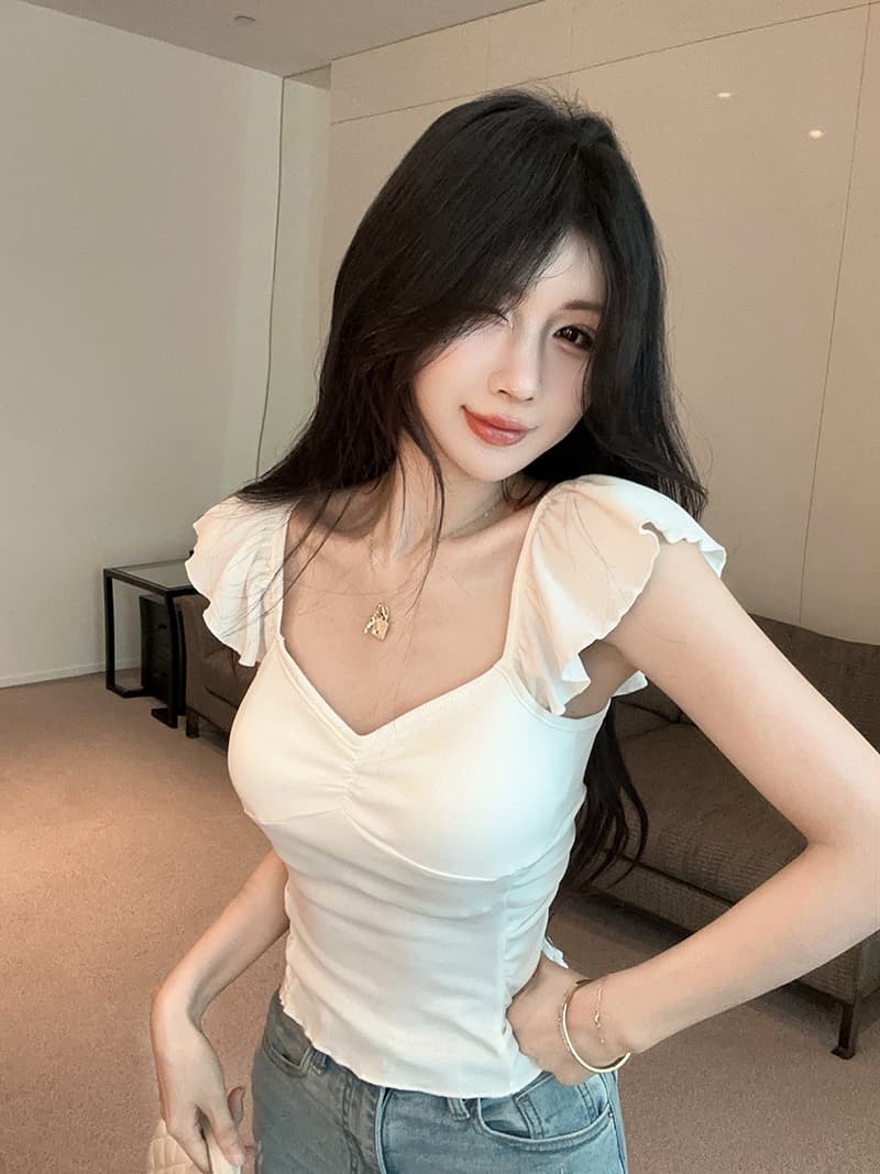 실사 정가 핫걸 디자인 센스 V넥 패치워크 주름 Feifei 소매 몸매 가꾸기 쇼트 스타일 티셔츠 여성 상세 이미지 10