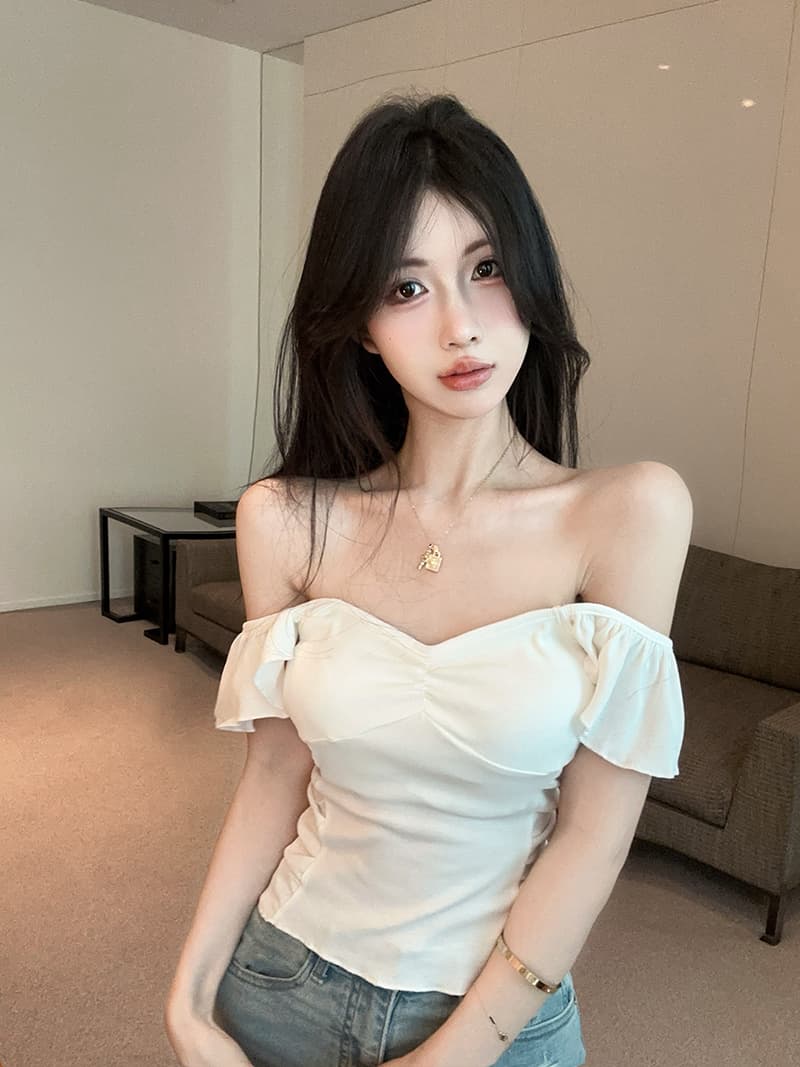 실사 정가 핫걸 디자인 센스 V넥 패치워크 주름 Feifei 소매 몸매 가꾸기 쇼트 스타일 티셔츠 여성 상세 이미지 11